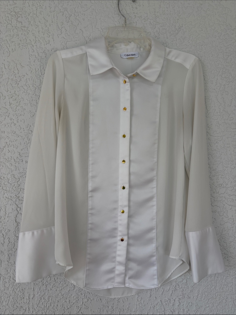 Calvin Klein Ivory Satin-Trim Button Down Blouse size S